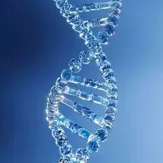 Glass-like DNA double helix against a blue background.