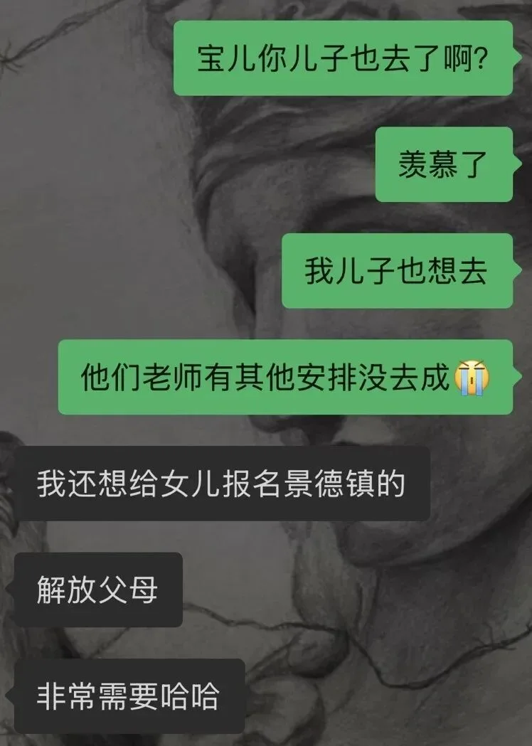 A parents' chat screenshot in Chinese about wanting to enrol their own children in a camp