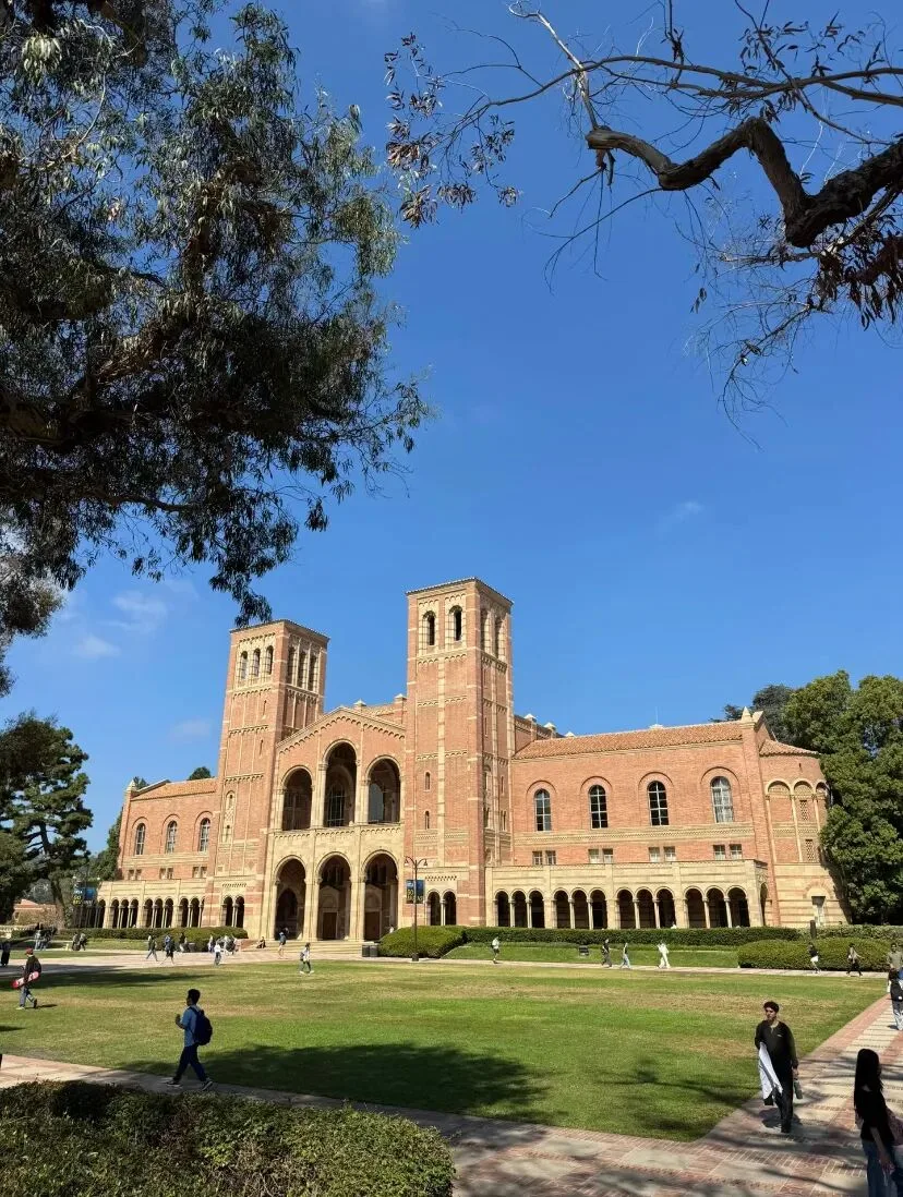 UCLA's twin-towered brick hall and arcade above the lawn, framed by eucalyptus branches.