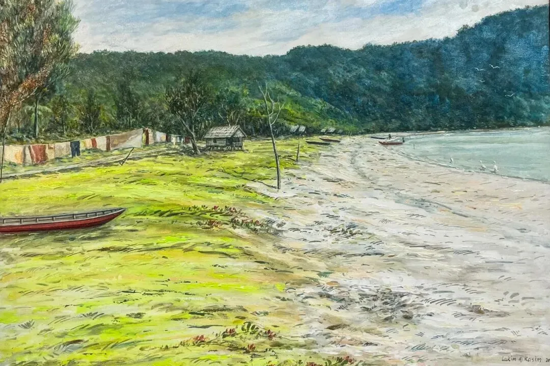 Painting of a Sabah beach village: a stilt hut, a washing line and a red boat on grass beside a pale shore.