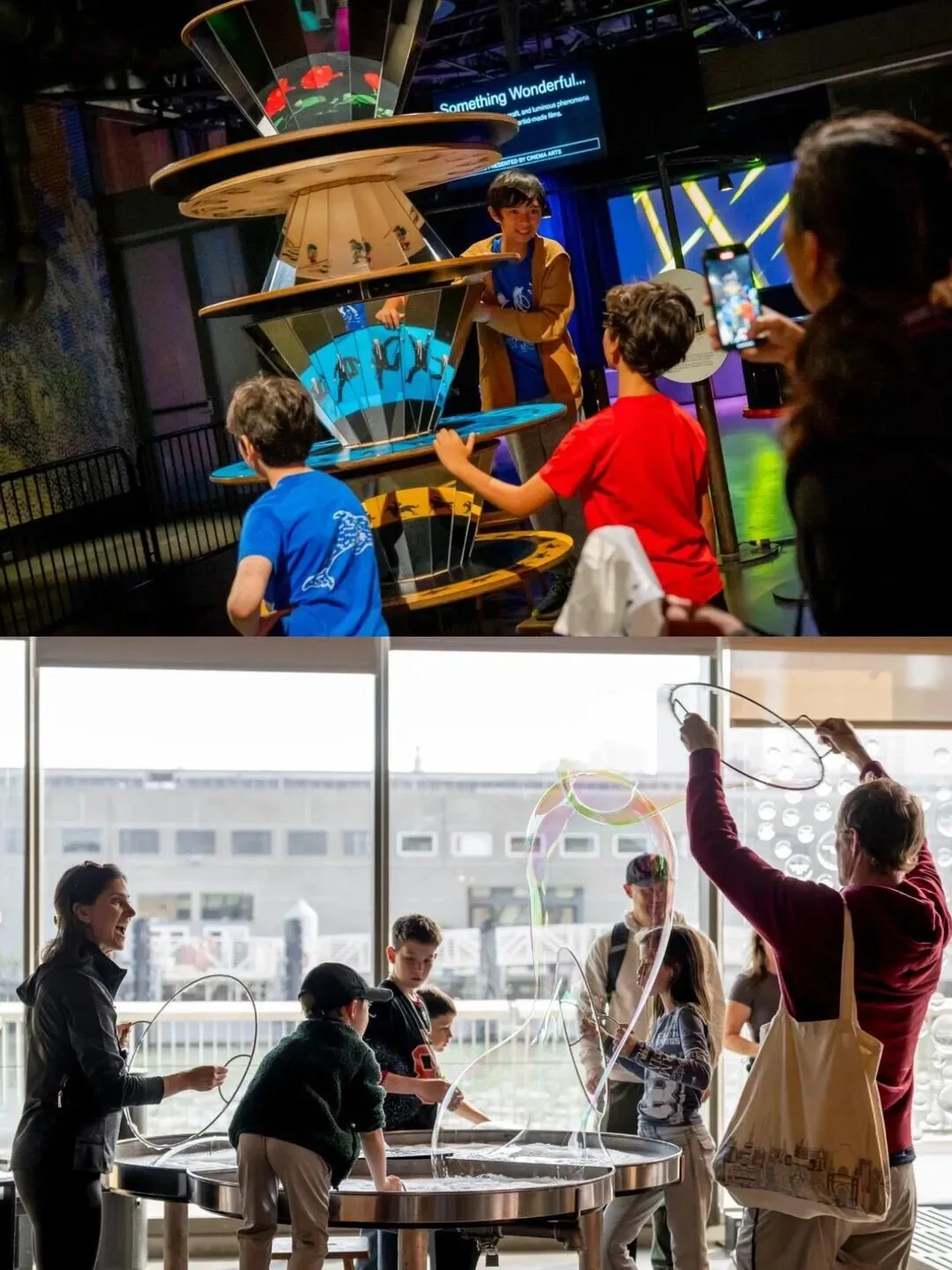 Two more museum scenes: children spinning a zoetrope, and visitors pulling giant soap-film bubbles.
