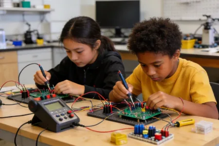 Two children probing circuit boards with test leads beside a multimeter at a lab bench.