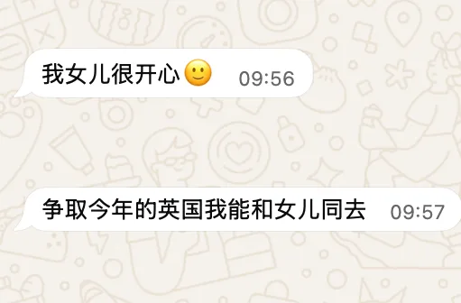 A parent writes that her daughter is very happy and hopes to join the UK trip too