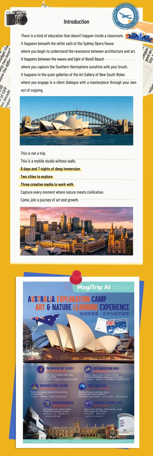Introduction: 8 days and 7 nights, two cities, three creative media, with the MagiTrip AI Australia Exploration Camp poster.