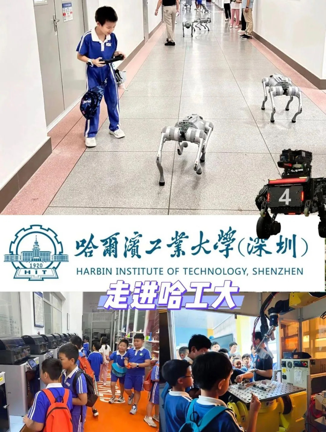 「走进哈工大」拼图:学生遥控四足机器狗,参观 3D 打印实验室与机械臂工作站。