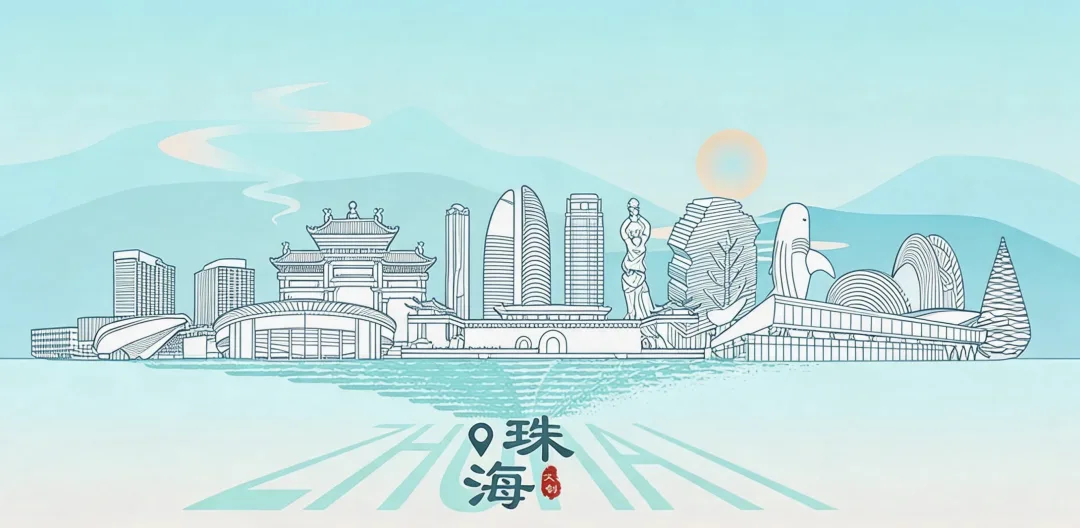 珠海城市天际线线描插画,可见珠海渔女雕像与日月贝造型的大剧院。