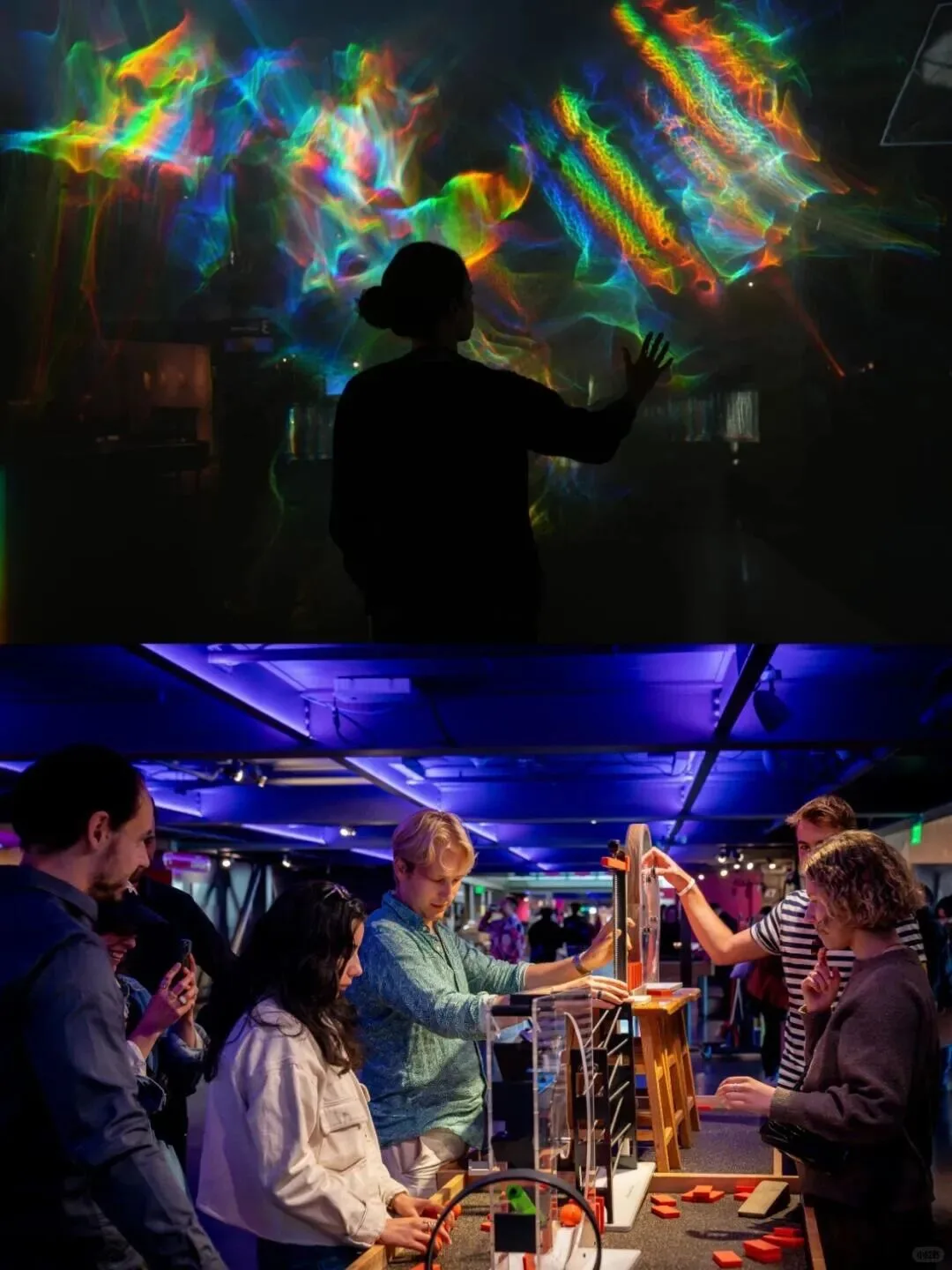 Two museum scenes: a visitor silhouetted against rainbow light patterns, and others working a mechanical exhibit.