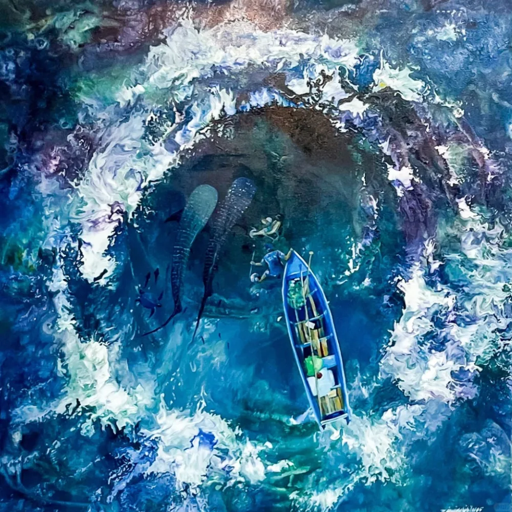 Painting of a small blue boat above two whale sharks, ringed by swirling white surf.