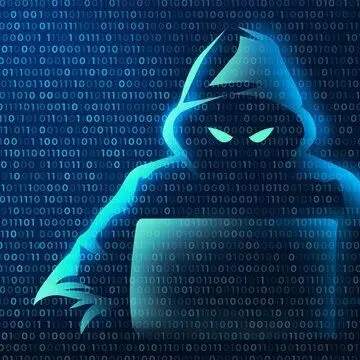 Stylised hooded figure silhouetted against a wall of blue binary code.