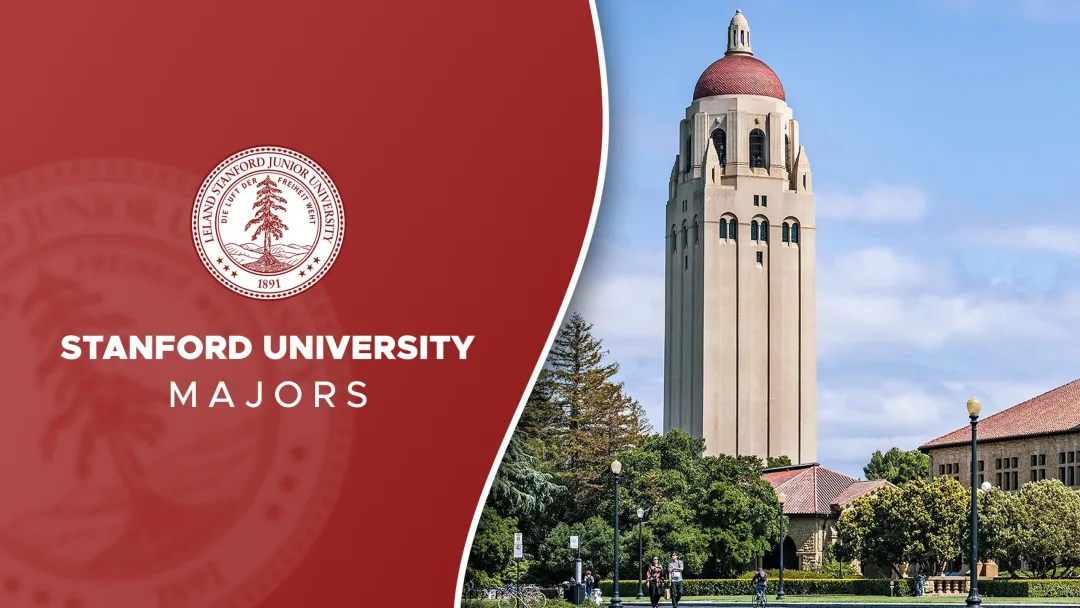 Stanford University Majors: the university seal on a red panel beside Hoover Tower on the Stanford campus.