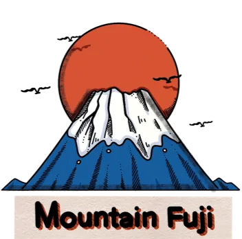 Illustrated badge of Mount Fuji against a red sun, captioned Mountain Fuji